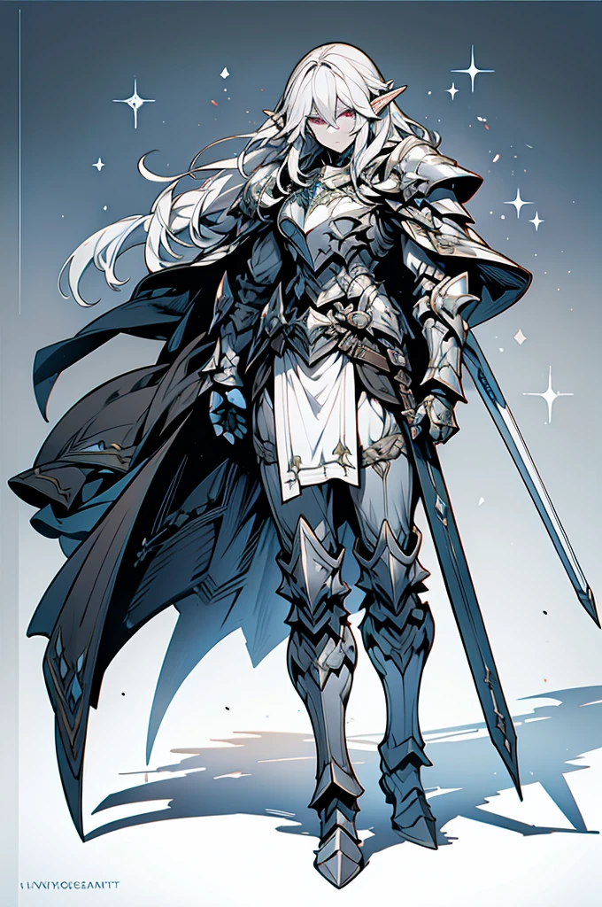 male half elf knight, full body art, silver hair, white skin, topaz iris eye, dark knight full plate adorned armor, silver cape, perfectly detailed.