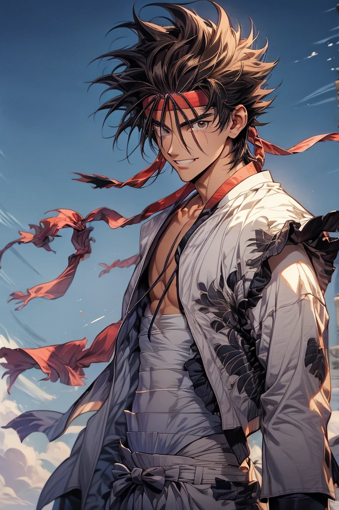 (masterpiece, best quality:1.2), solo, male focus, 1boy, sagara sanosuke, grin, looking at viewer,, spiked hair, headband, v-shaped eyebrows, open clothes, japanese clothes, bandages, midriff sarashi