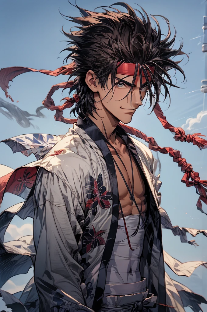 (masterpiece, best quality:1.2), solo, male focus, 1boy, sagara sanosuke, grin, looking at viewer,, spiked hair, headband, v-shaped eyebrows, open clothes, japanese clothes, bandages, midriff sarashi