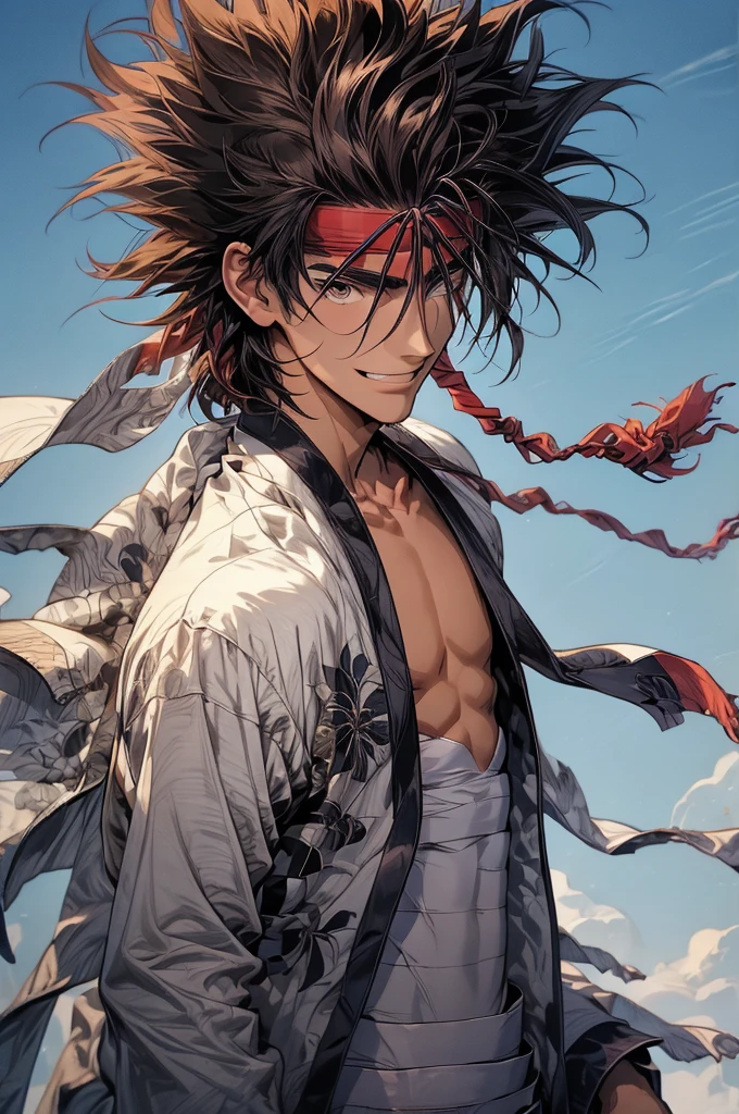 (masterpiece, best quality:1.2), solo, male focus, 1boy, sagara sanosuke, grin, looking at viewer,, spiked hair, headband, v-shaped eyebrows, open clothes, japanese clothes, bandages, midriff sarashi