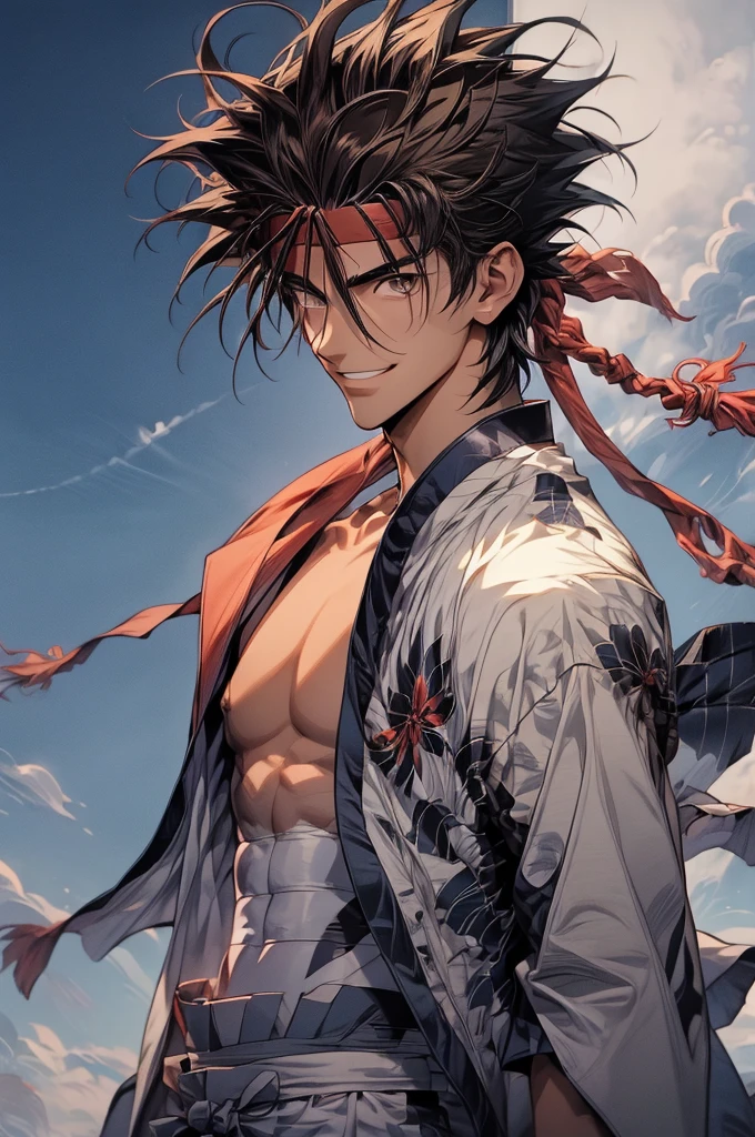 (masterpiece, best quality:1.2), solo, male focus, 1boy, sagara sanosuke, grin, looking at viewer,, spiked hair, headband, v-shaped eyebrows, open clothes, japanese clothes, bandages, midriff sarashi