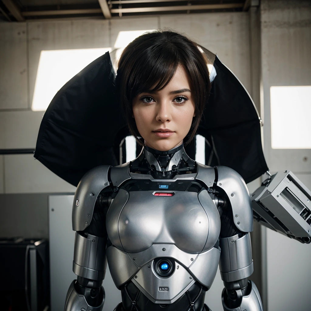 a female robot that looks human but is larger than a woman,