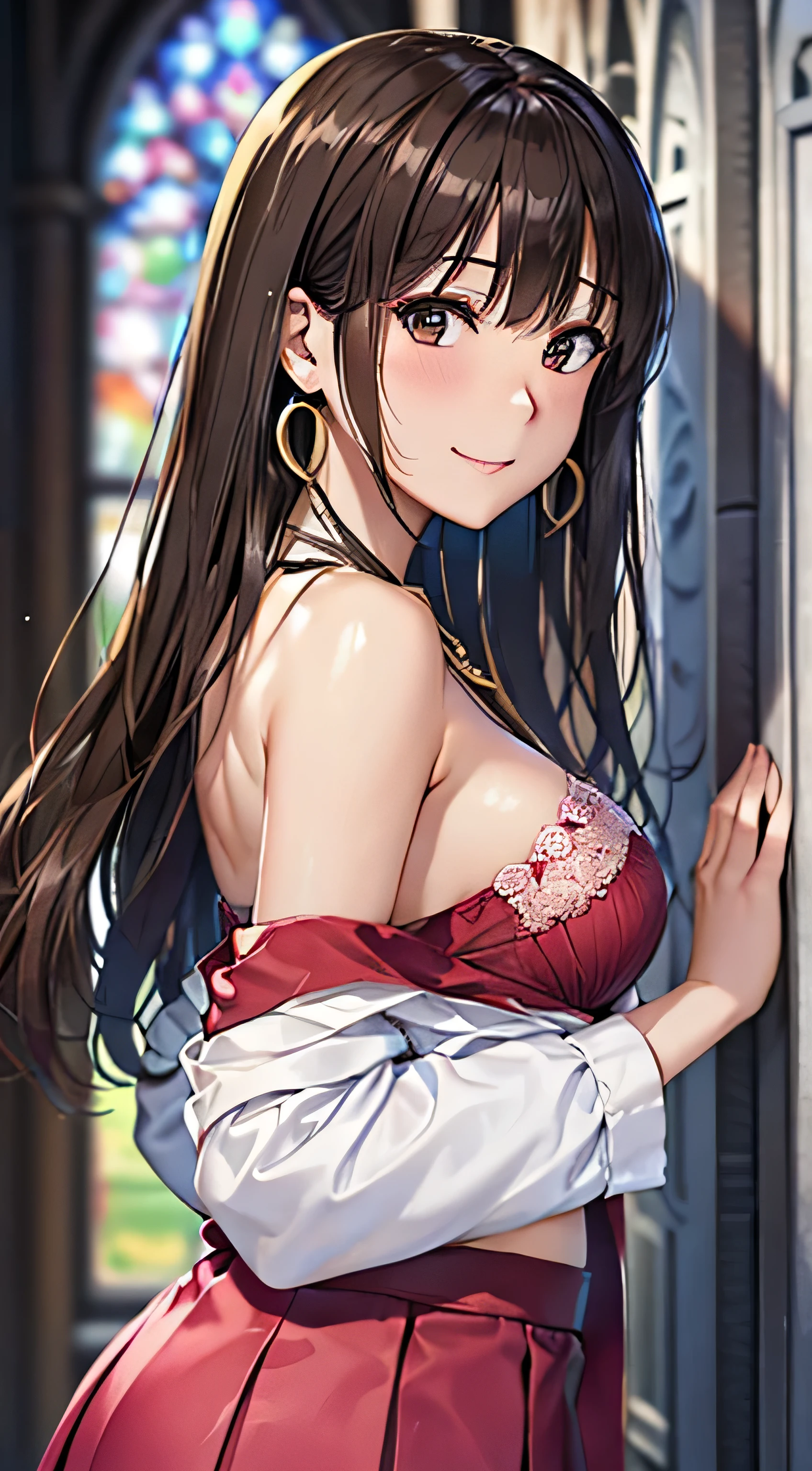 ((Tabletop, Highest quality, High resolution, , Pixel Perfect, 4K,))), 1 female, 、The whole body is visible、 ((Long Wavy Hair, bangs, Brown Hair)), ((Brown eyes, Beautiful eyelashes, Realistic eyes)), ((Detailed face, Blushing:1.2)), ((Smooth texture:0.75, Realistic texture:0.65, Realistic:1.1, Anime CG Style)), Medium sized breasts, Dynamic Angle, Perfect body, (( , , Beautiful Priest、、 Priest off-shoulder jacket、Priest Flare Skirt、、)), Gold Hair Ornament、Cross Necklace、Earrings、Very embarrassing panic smile, 、Gorgeous church basilica、、Hold a big Bible、Leaning forward、Stick your butt out、Lacy pink bra、、、、、 、Angle from below)、