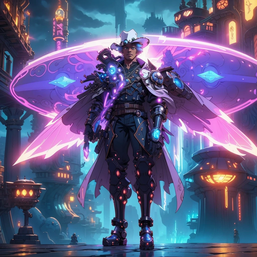 Afro man, full body, bright white afro hair with highlights, dark fantasy, steampunk, Cyber Guardian, wearing fine fabric magic costume with worn mechanical parts, neon magic details, stylish and vibrant colors, cowboy hat and pistol with details magicians in neon, with magical and cybernetic aura and magical mechanical wings on their back. Street with deep vanishing point, towering magical airship flying above, its steam-powered engines raising glowing clouds of fog against the dark fantasy sky. The intricate details of the ship's magic gears and rivets will complement the overall scenery. Cinematic scene, wide and deep scenery, with several depth planes, dynamic pose, magical lighting, epic atmosphere.