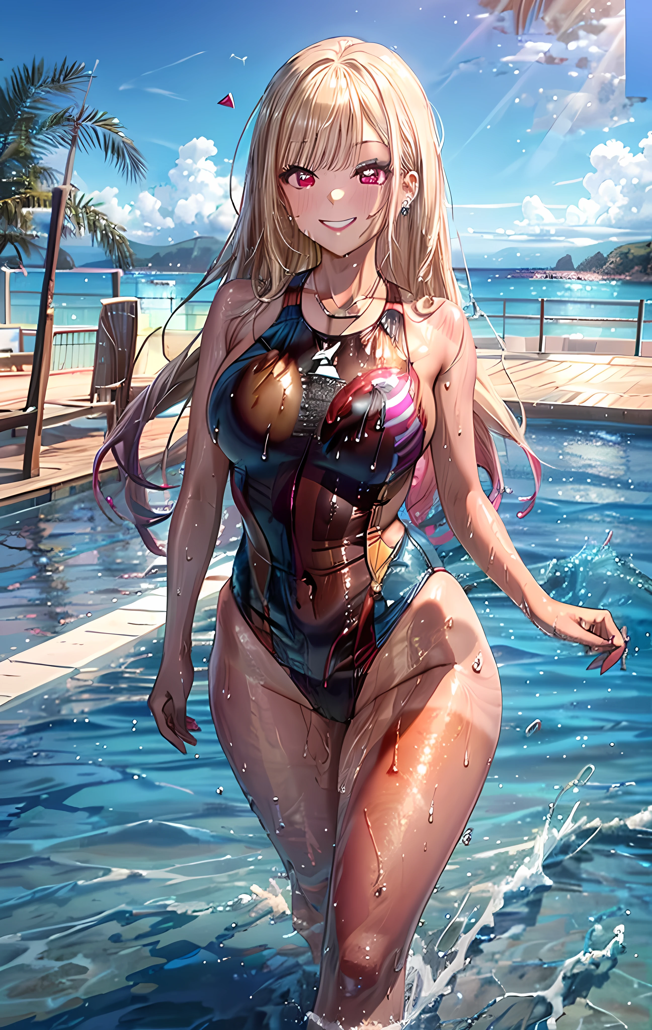 (masterpiece), (Highest quality), (High resolution, High Resolution), (Super detailed), (kitagawa marin), 1girl, (platinum blonde hair), (Very long hair with loose curls), Loosely swayed bangs, ((Hot pink mesh)), multicolored hair, (red eyes:1.2), Detailed eyes, Earrings, Earrings, jewelry, necklace, ((Detailed face)), (very cute expression), (A sloppy smile:1.2), Grin, ((White competitive swimwear)), ((White dress_Swimwear)), Wet with sweat, (tan skin:1.2),A lively 15-year-old gal, B86, W58,H85, Model Body Type, Very beautiful proportions, Gravure model photography, Depth of written boundary, (Perfect Anatomy:1.2), bare hands, Tempting, (Heart effect:1.3), absurdes, one-piece_swimsuit, shirokoswimsuit, Vulva Shape, Close-up, nicebeach, ((Beautiful ocean with waves reflecting sunlight)), (Walking on seawater), I can see the horizon and the sky, The subject is in the center of the screen,