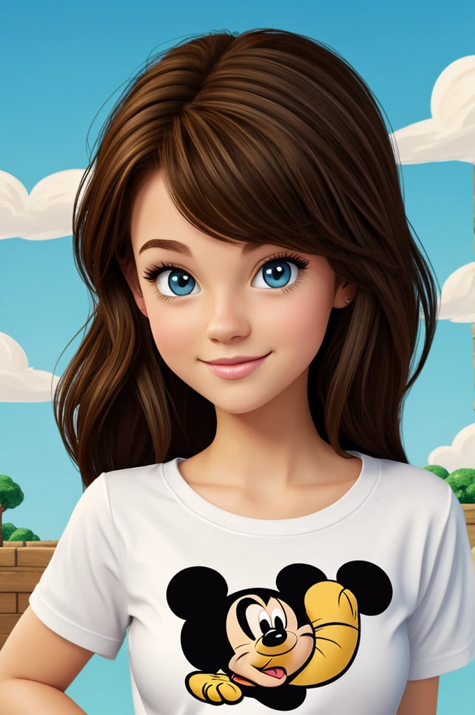 Disney style cartoon of a white girl with brown hair and brown eyes , with a black t-shirt that says "ARCOR"