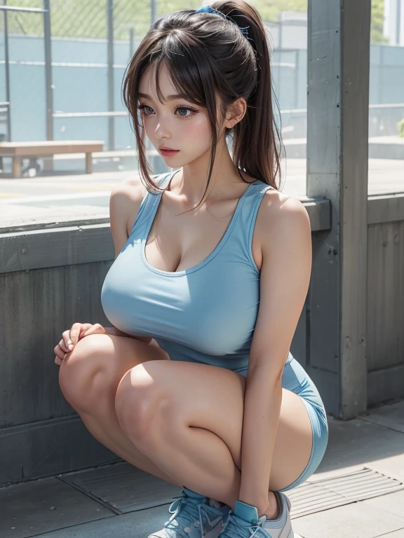 Looking into the camera,Age 35,physical education teacher、1 female,(She is wearing light blue tight fitting shorts.......)(Squat posture)(Very large breasts)(She is wearing a white tank top),(I&#39;Sweating and clothes see-through)(Her breasts are exposed through her shirt)(female teacher),(Crouching posture)(I can see your crotch)(Obscene pose)(Big Breasts)(Accentuate your cleavage)(Voluptuous body)(Black short bob hair),(Best image quality, (8K), Ultra-realistic, 最high quality, high quality, High resolution, high qualityの質感, Attention to detail, Beautiful details, Fine details, Highly detailed CG, Detailed Texture, Realistic facial expressions, masterpiece, in front),(Wear glasses:1.1)(((Strict adherence to front-end configuration)))　(((Photograph the whole body)))(((Photo of a person with their legs spread)))(((Accentuate the crotch)))