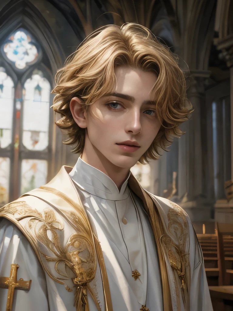 blond short hair , androgynous women ((Timothee Chalamet)), smooth smile, 19-year-old, Catholic church priest, catolic priest robes, clean and simple minimalist church  High detail RAW colored art, intricate details, fine details, hyperdetailed, ray tracing, subsurface scattering, diffuse soft lighting, Intricate, High Detail, Sharp focus, dramatic and photorealistic painting art by midjourney, bokeh in the background, best quality, masterpiece, halfbody portrait, bright anbient, look at the viewer