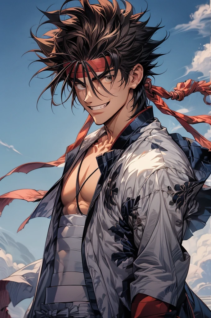 (masterpiece, best quality:1.2), solo, male focus, 1boy, sagara sanosuke, grin, looking at viewer,, spiked hair, headband, v-shaped eyebrows, open clothes, japanese clothes, bandages, midriff sarashi