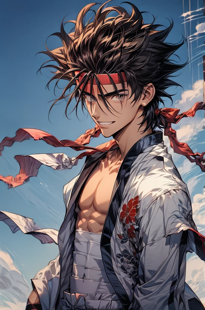 (masterpiece, best quality:1.2), solo, male focus, 1boy, sagara sanosuke, grin, looking at viewer,, spiked hair, headband, v-shaped eyebrows, open clothes, japanese clothes, bandages, midriff sarashi