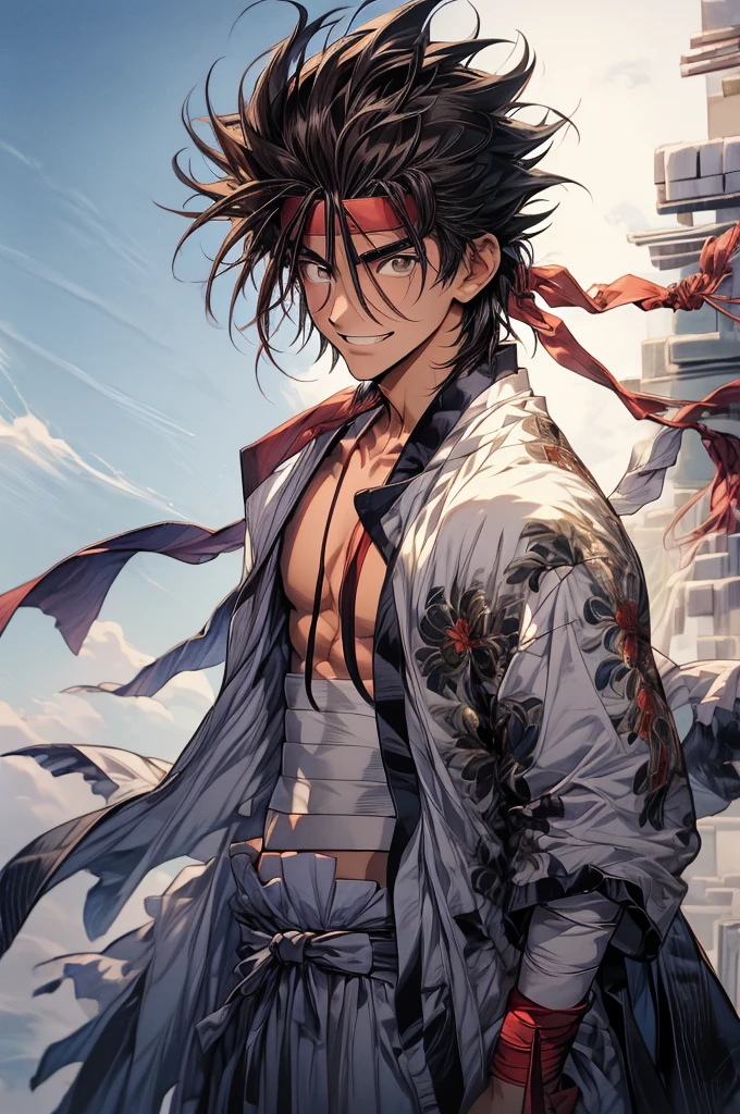 (masterpiece, best quality:1.2), solo, male focus, 1boy, sagara sanosuke, grin, looking at viewer,, spiked hair, headband, v-shaped eyebrows, open clothes, japanese clothes, bandages, midriff sarashi