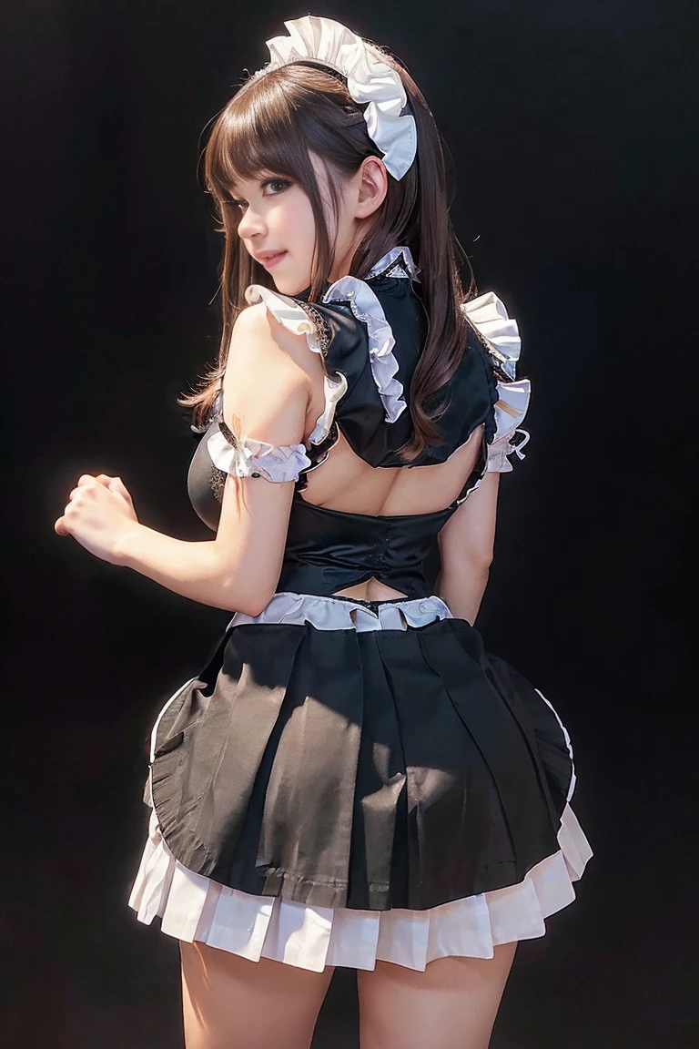 (Highest quality, Super detailed, High resolution, 8K images),Sexy maid、 (Frilled maid cafe costume, Pleated mini skirt:1.5), (A maid cafe costume with a large open chest:1.2), (Beautiful big boobs:1.3), Exposed breasts, (Amazingly beautiful girl), Brown Hair, Fashionable hair ornaments, ,She has a cheerful personality,Cute Smile.(large and impressive eyes, Long eyelashes),lingerie ,The skirt flips up and the underwear is visible, ,((Show me your)), ((Stick your butt out)),(Squat with legs apart), Fine and beautiful eyes,Perfect Proportions,(Overflowing big),(A full-body shot from behind), Very beautiful and cute girl,22 years old,(anime),Kamimei, Pitch black background,(Solid black background),alone,