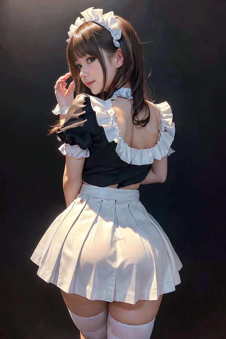 (Highest quality, Super detailed, High resolution, 8K images),Sexy maid、 (Frilled maid cafe costume, Pleated mini skirt:1.5), (A maid cafe costume with a large open chest:1.2), (Beautiful big boobs:1.3), Exposed breasts, (Amazingly beautiful girl), Brown Hair, Fashionable hair ornaments, ,She has a cheerful personality，Cute Smile.(large and impressive eyes, Long eyelashes),lingerie ,The skirt flips up and the underwear is visible, ,((Show me your)), ((Stick your butt out)),(Squat with legs apart), Fine and beautiful eyes,Perfect Proportions,(Overflowing big),(A full-body shot from behind), Very beautiful and cute girl,22 years old,(anime),Kamimei, Pitch black background,(Solid black background),alone,
