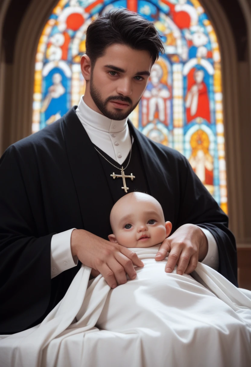 An ultra realistic church altar, Gothic style, in front of the pupto in the center we have a black man, holding a newborn baby wrapped in a white blanket, on the left side we have a priest with open arms with an astonished look and on the right side a choir with white clothes and white veils looking at the man with an appearance of fear.