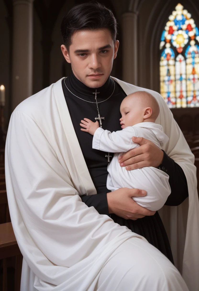 An ultra realistic church altar, Gothic style, in front of the pupto in the center we have a black man, holding a newborn baby wrapped in a white blanket, on the left side we have a priest with open arms with an astonished look and on the right side a choir with white clothes and white veils looking at the man with an appearance of fear.