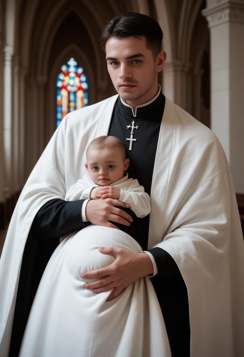 An ultra realistic church altar, Gothic style, in front of the pupto in the center we have a black man, holding a newborn baby wrapped in a white blanket, on the left side we have a priest with open arms with an astonished look and on the right side a choir with white clothes and white veils looking at the man with an appearance of fear.