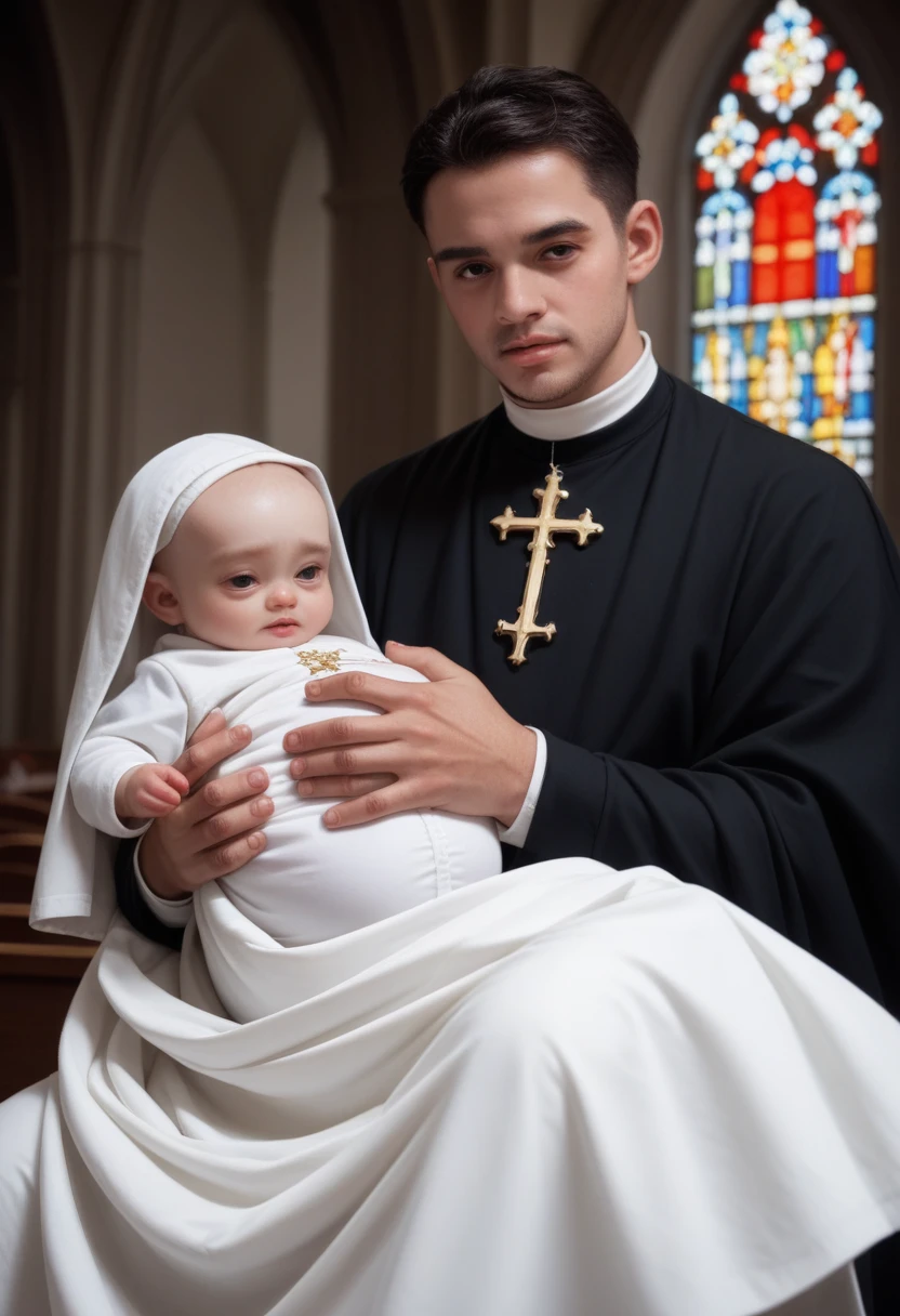 An ultra realistic church altar, Gothic style, in front of the pupto in the center we have a black man, holding a newborn baby wrapped in a white blanket, on the left side we have a priest with open arms with an astonished look and on the right side a choir with white clothes and white veils looking at the man with an appearance of fear.