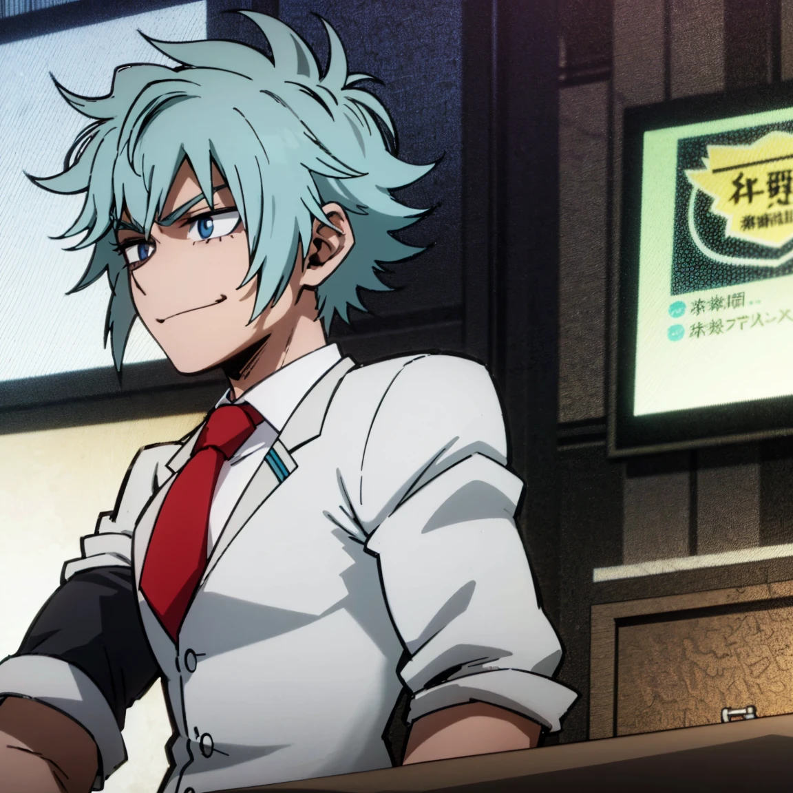 1boy, male focus, solo, muscular body, short hair, messy hair, aquamarine hair, violet eyes, smirk, gray jacket, red tie, white shirt, teal pants, boots