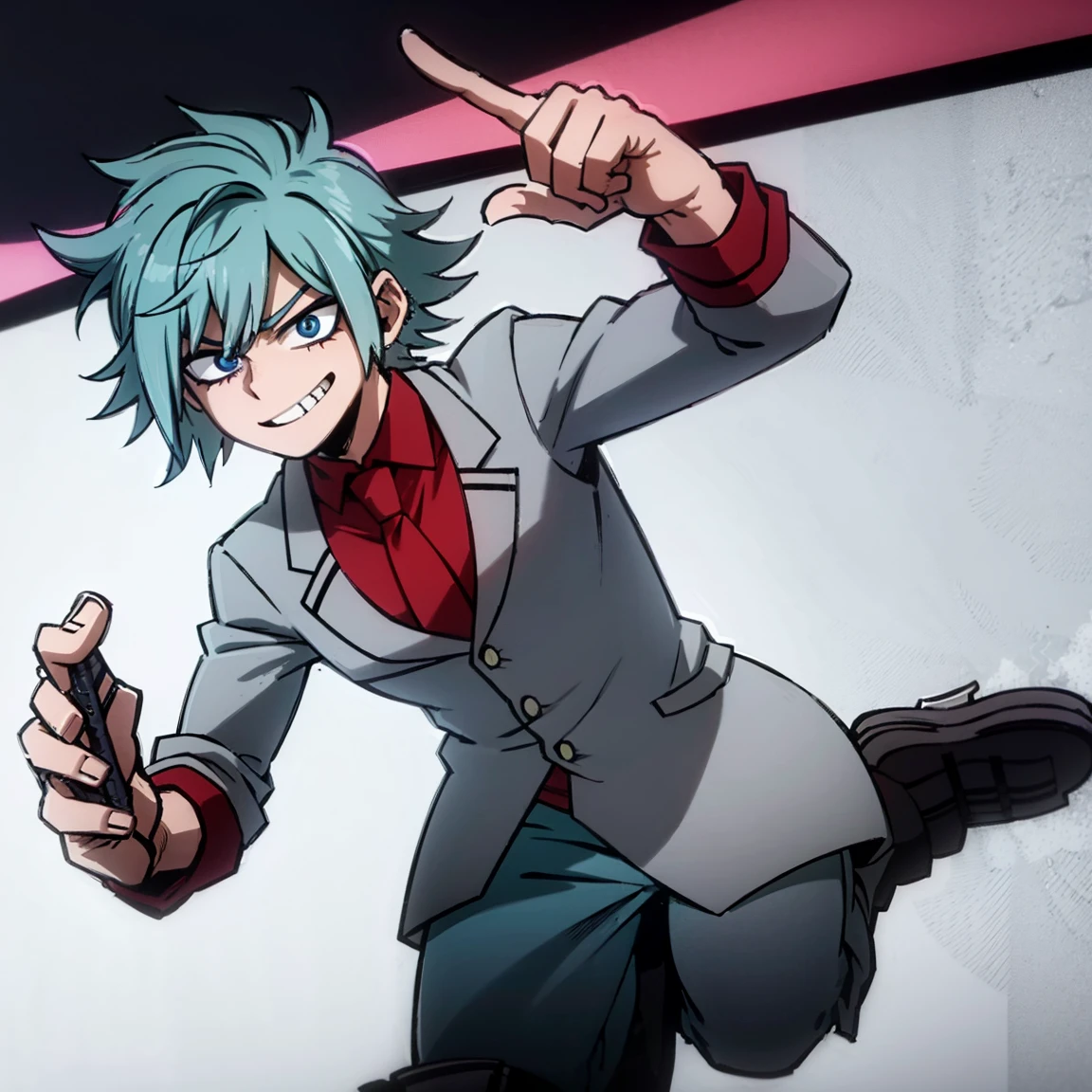 1boy, male focus, solo, muscular body, short hair, messy hair, aquamarine hair, violet eyes, smirk, gray jacket, red tie, white shirt, teal pants, boots