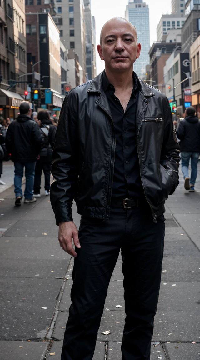 Generate Jeff Bezos as a very poor man living on the streets of New York City in high resolution 4K.