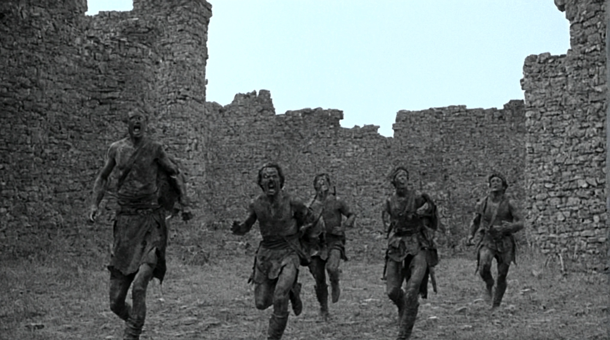 black and white, grainy old footage, 35mm vintage, frightened 18th century explorers running from two giant-spartan soldiers among ancient ruins