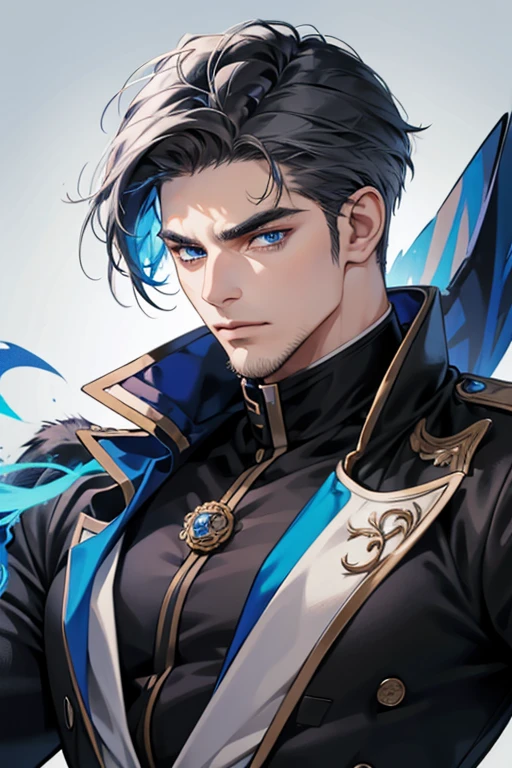a 30 year old man, 2 day beard, handsome anime, portraits, strong, masculine, dark grey hair, sharp jawline, mesmerizing blue eyes, perfectly styled hair, cool anime outfit, confident expression, vibrant colors, dynamic lighting. (CEO and expression confident)