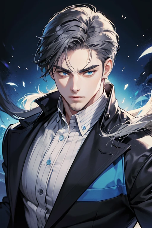 a 30 year old man, 2 day beard, handsome anime, portraits, strong, masculine, dark grey hair, sharp jawline, mesmerizing blue eyes, perfectly styled hair, cool anime outfit, confident expression, vibrant colors, dynamic lighting. (CEO and expression confident)