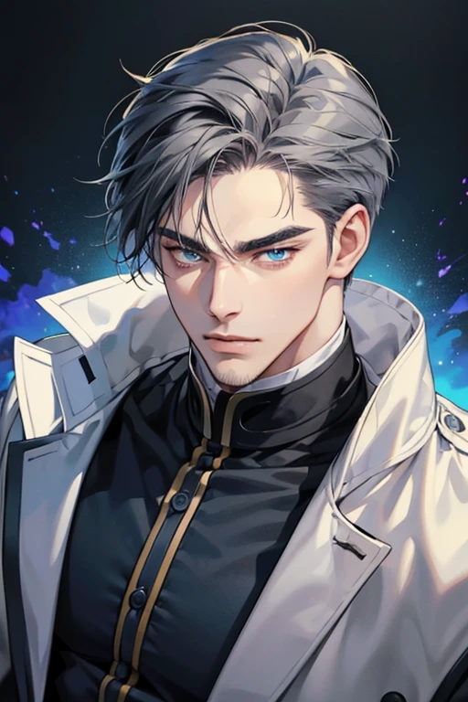 a 30 year old man, 2 day beard, handsome anime, portraits, strong, masculine, dark grey hair, sharp jawline, mesmerizing blue eyes, perfectly styled hair, cool anime outfit, confident expression, vibrant colors, dynamic lighting. (CEO and expression confident)