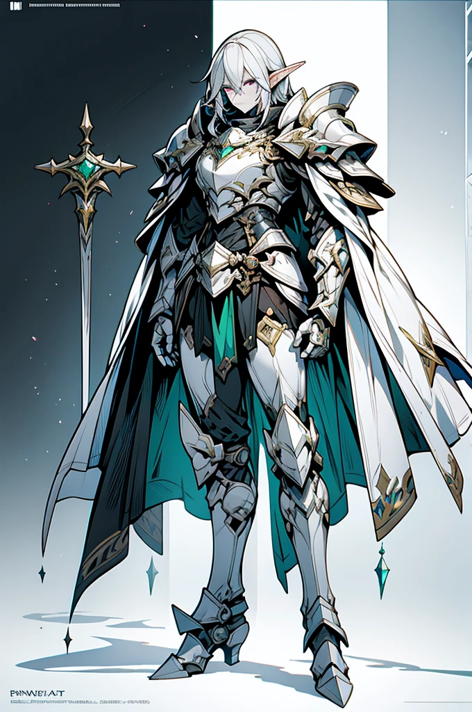male half elf knight, full body art, silver hair, white skin, emerald iris eye, knight full darkest plate adorned armor, silver cape, perfectly detailed.