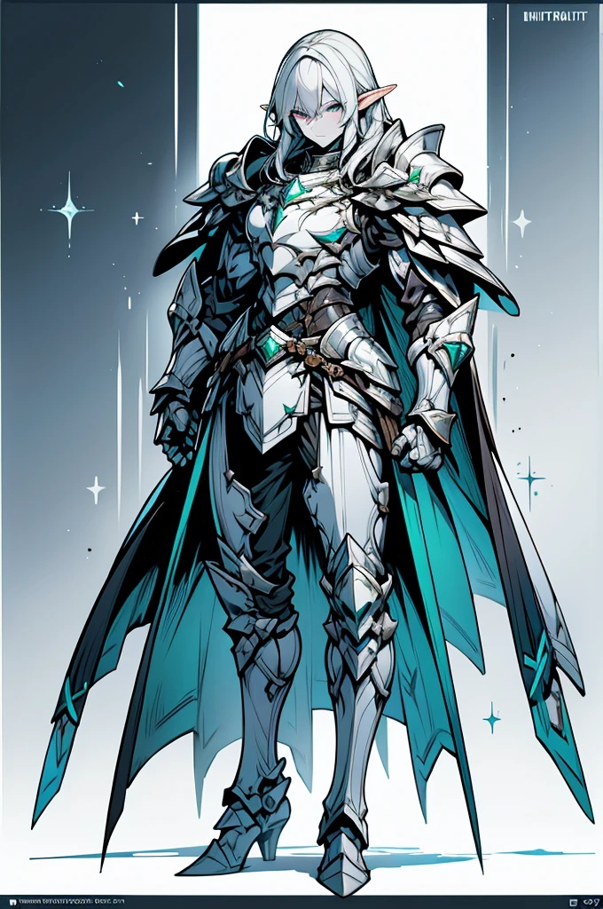 male half elf knight, full body art, silver hair, white skin, emerald iris eye, knight full darkest plate adorned armor, silver cape, perfectly detailed.