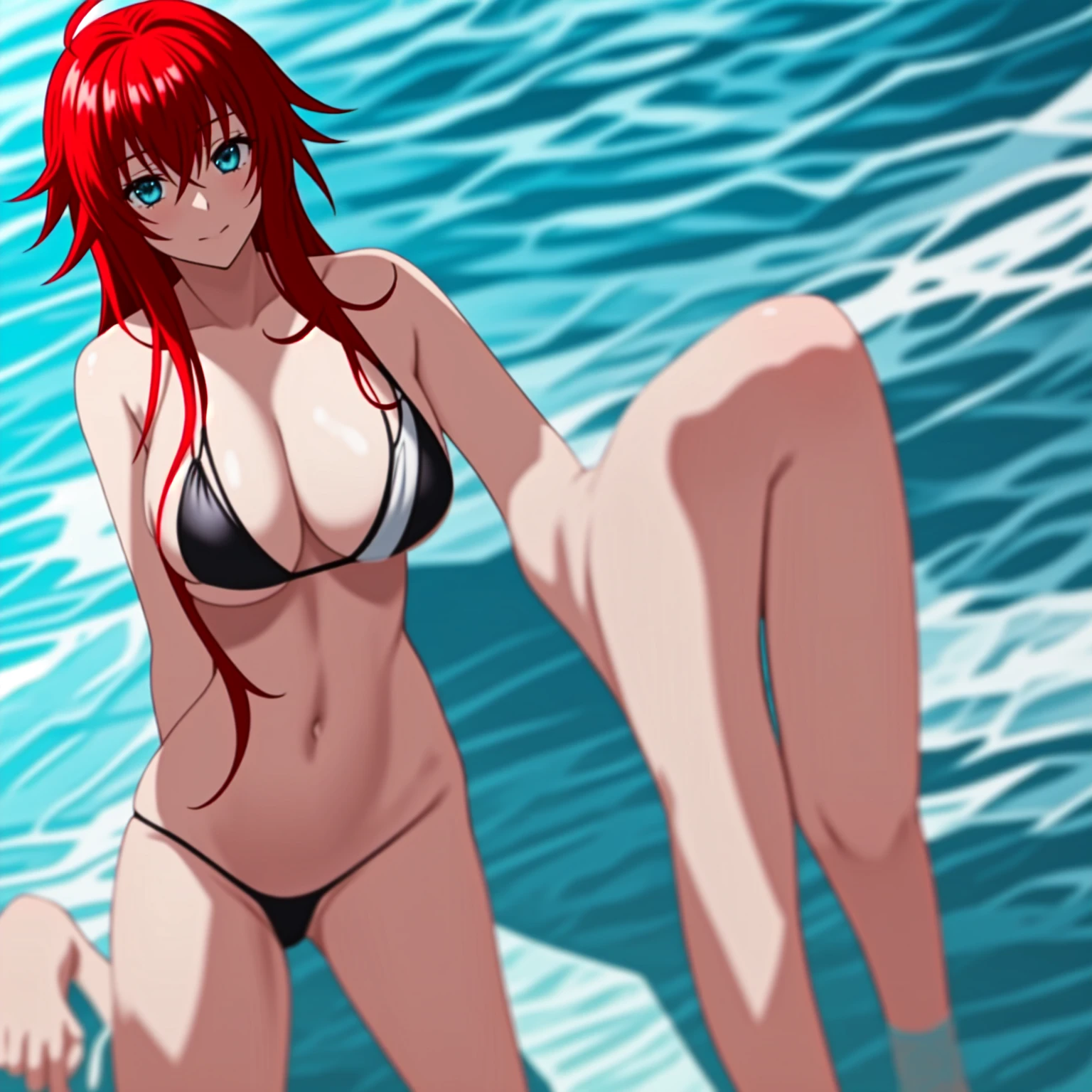 1girl, Rias Gremory, solo, long_hair, red hair, bangs, hair_between_eyes, shiny_hair, ahoge, blue_eyes, High School DXD, large_, swim suit, big , sexy po sexy body,rfect figure, hot, ((black micro bikini)), ((bare arms))