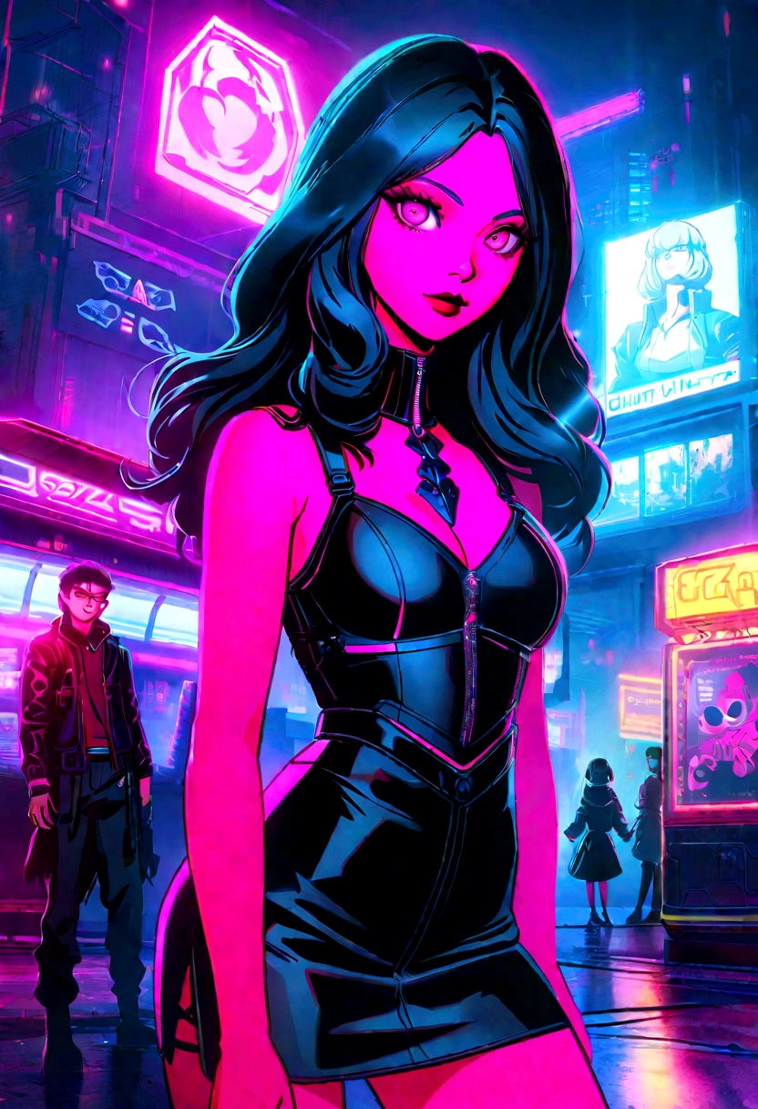Anime girl standing on city street wearing leather skirt and black erotic lingerie, Long-haired Ilya Kuvshinov, Guviz-style artwork, Anime art wallpaper 8 K, Guwitz at the art station Pisif, Guvitz at Pisif Art Station, cyberpunk anime art