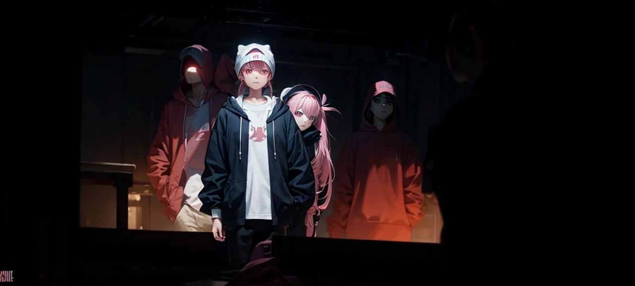 A man, pink hair, red eyes, dark hoodie, white hoodie
Behind him is a girl with pink ponytails, red eyes and white shirt, holding a hat in front of her