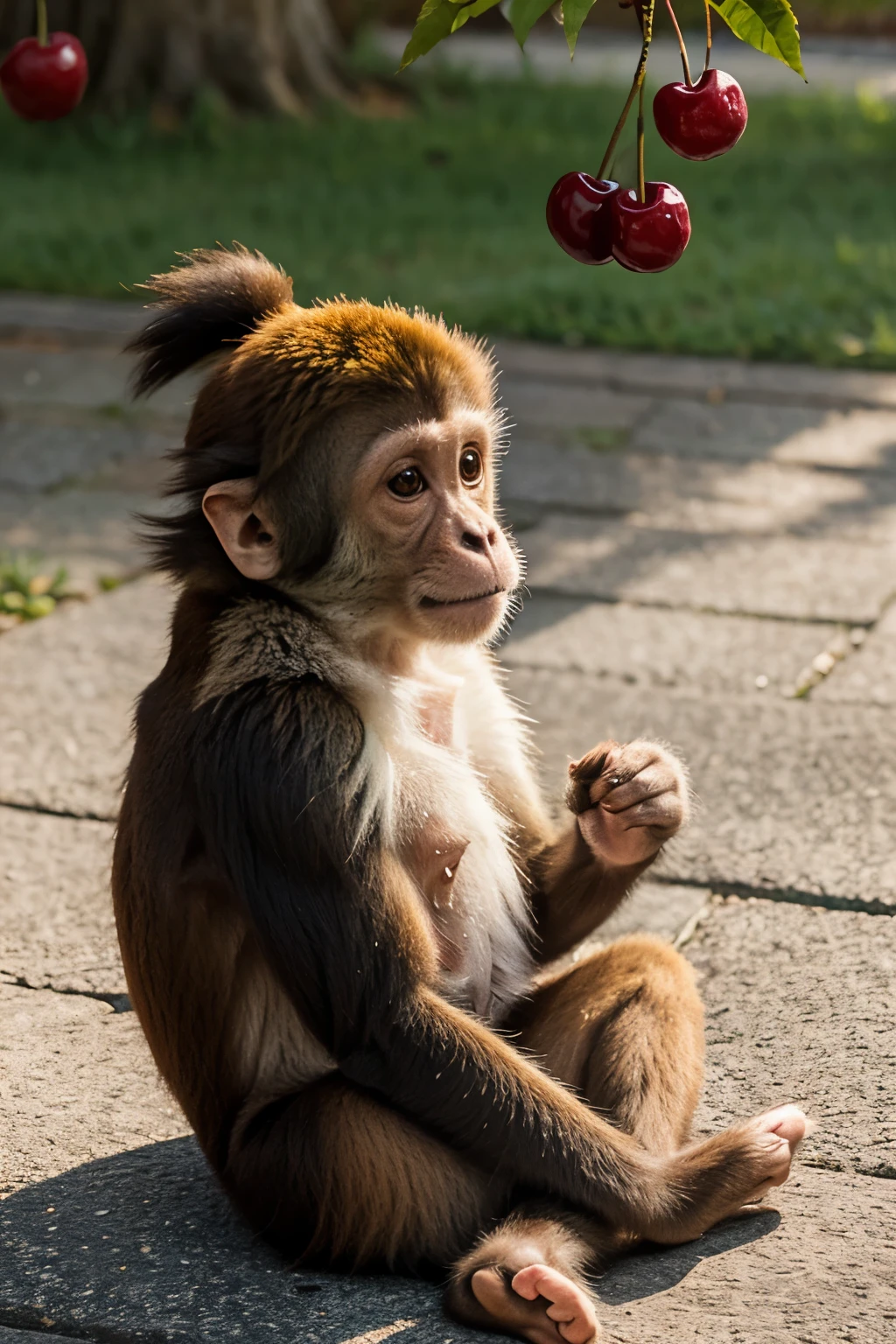 Kawaii style animal illustration of a cute monkey sitting next to a beautiful cherry 