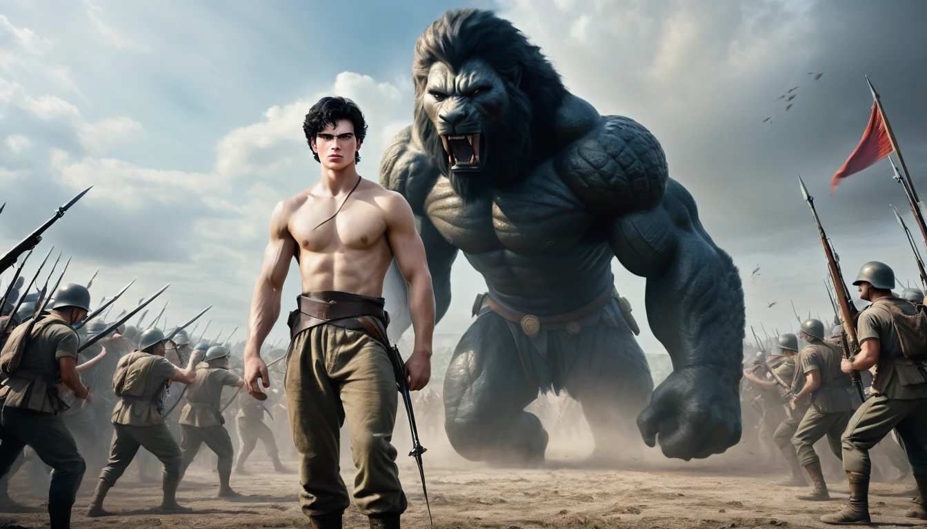 Scenario: Young David standing, 18 years old, white skin, black hair, with a sling in his hand, facing a giant on a battlefield. Gigante is armed and imposing, while the young man shows courage and determination. Other soldiers watch in the background. Hyper realistic image.