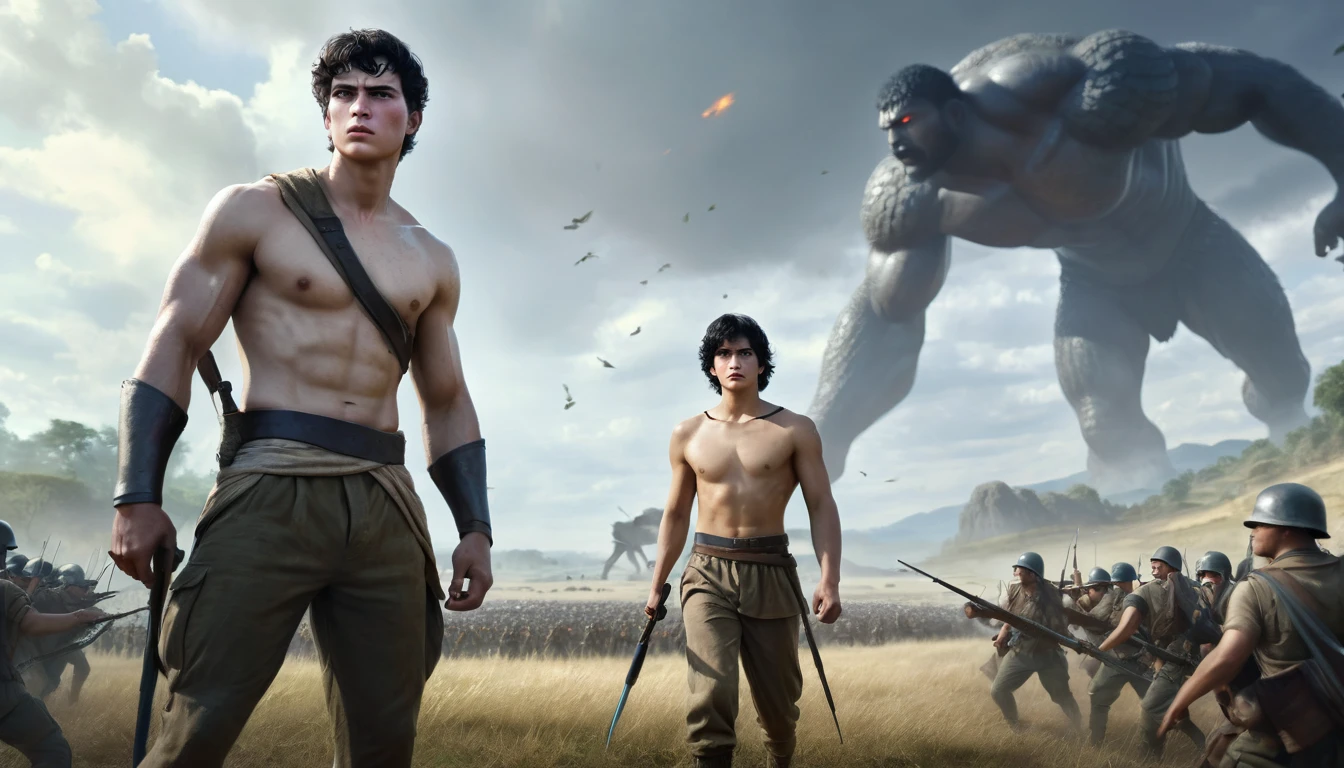 Scenario: Young David standing, 18 years old, white skin, black hair, with a sling in his hand, facing a giant on a battlefield. Gigante is armed and imposing, while the young man shows courage and determination. Other soldiers watch in the background. Hyper realistic image.