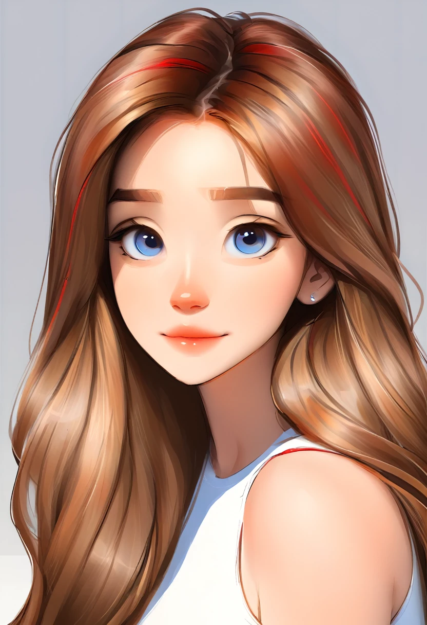 portrait of a cute woman, long hair, light brown hair with red highlights, blue colored eyes, wearing white, White background, webtoon style