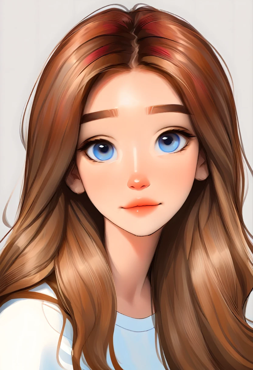 portrait of a cute woman, long hair, light brown hair with red highlights, blue colored eyes, wearing white, White background, webtoon style