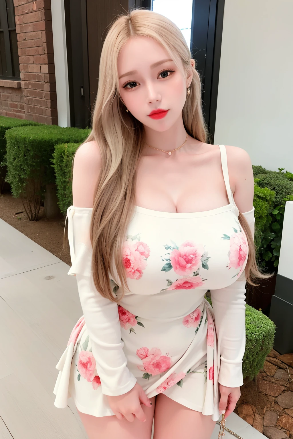 An extremely beautiful busty woman with gold blonde long silky hair, blue oceanic eyes, extremely super bright snow white fair stunning flawless glowing lush shiny white skin, and complexion, a perfect tight hourglass figure, a thick plump ass, cleavage, and perfect hips, wearing a short sexy loose revealing white floral dress with red flower patterns along with a red sash around the waist and a light brown off-shoulder cardigan, yellow heels, jewelry on the neck, gold bangles on her wrist, and anklets on her legs, gold earrings, a cute adorable smile, pink puffy lips, pink nails, red rose on hair, standing straight, hands joined together, looking at the viewer, big garden in the background, day time, show full body from head to feet.