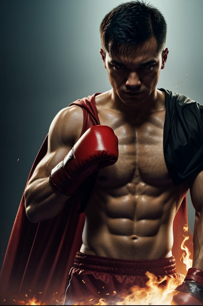 Intensely the film, a captivating poster. The composition exudes cinematic lighting and color gradation. A boxing fight scene in an octagon, a young man with boxing gloves and cape, with a sweaty shirt and a tired expression. A bright and hopeful atmosphere. Inspired by the conceptual works of Maciej Kuciara, Jama Jurabayev and Wojtek Fus, this poster incorporates a rich gradation of cinematic colors.