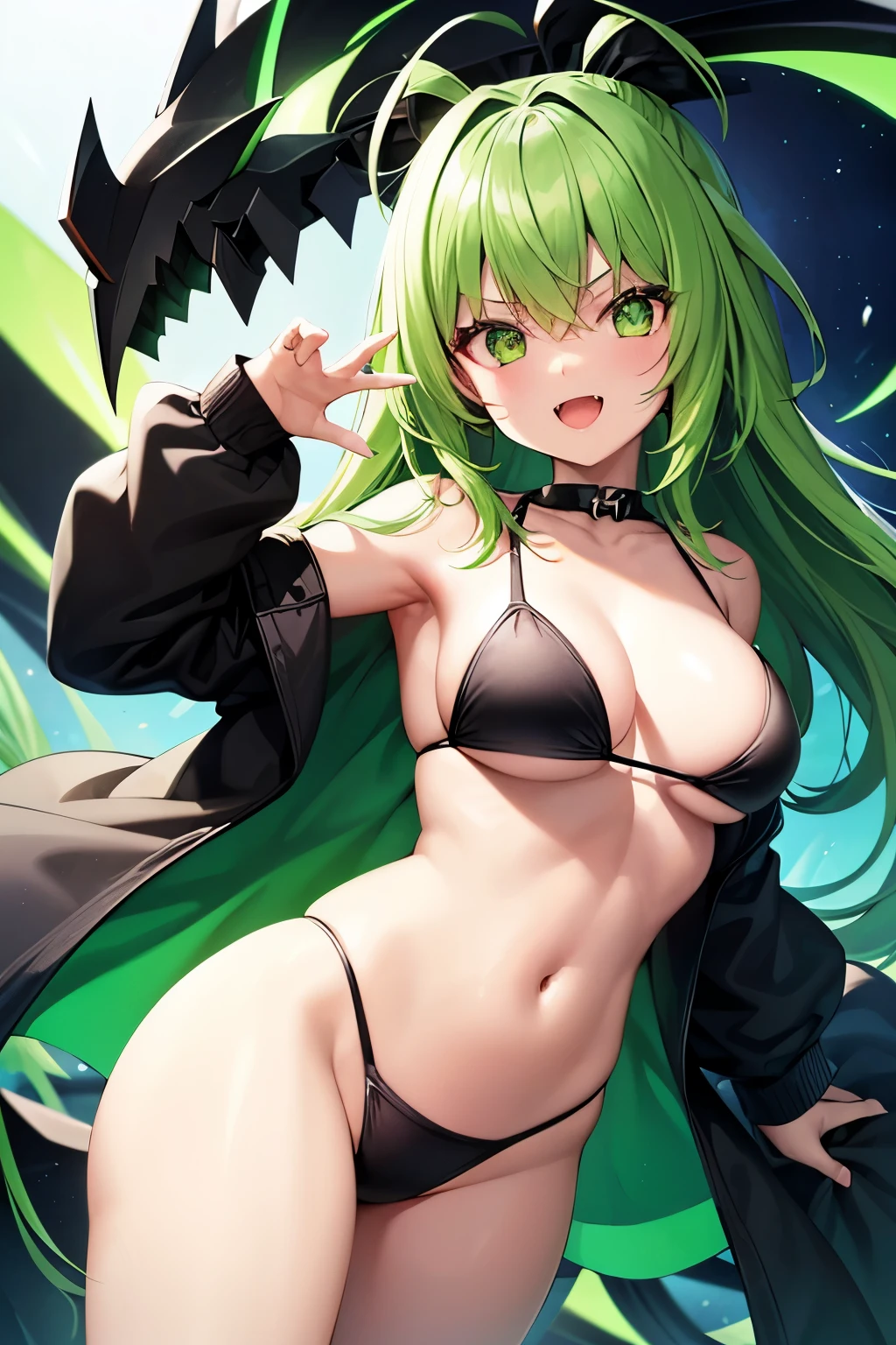 Original character , Kizi , black bikini , green color scheme , white glow , pointy tooth ,