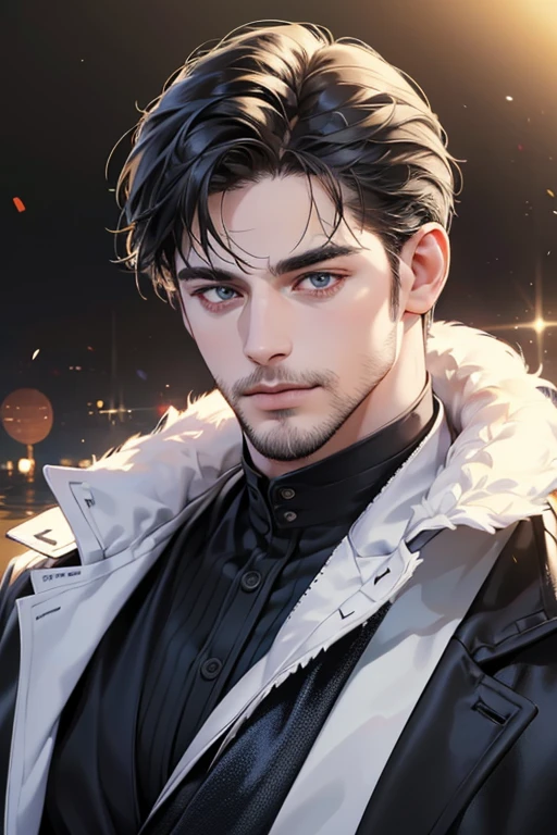 (best quality,4k,8k,highres,masterpiece:1.2),ultra-detailed,(realistic,photorealistic,photo-realistic:1.37),30 year old man,3 day beard,handsome anime,portraits,strong,masculine,dark hair,sharp jawline,mesmerizing eyes,perfectly styled hair,cool anime outfit,confident expression,vibrant colors,dynamic lighting, CEO and expression smile in love.