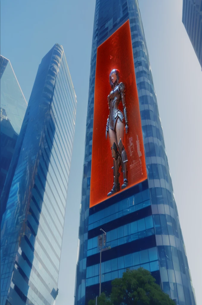 there is a statue of a man in a box on a building, towering giant made of zombies, big video statues, giant red led screens, highly detailed giantess shot, person made out of glass, corporate holograms, hito steyerl, giant video screens, giant led screens, big titan creature in the center, extremely detailed giantess shot, cyberpunk ads