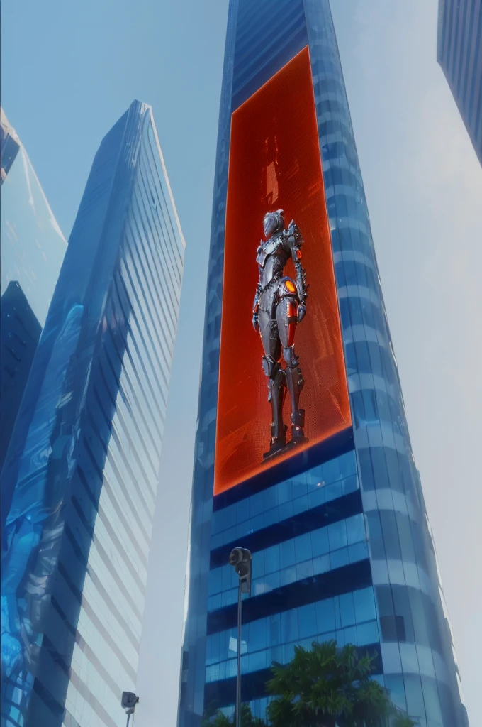there is a statue of a man in a box on a building, towering giant made of zombies, big video statues, giant red led screens, highly detailed giantess shot, person made out of glass, corporate holograms, hito steyerl, giant video screens, giant led screens, big titan creature in the center, extremely detailed giantess shot, cyberpunk ads