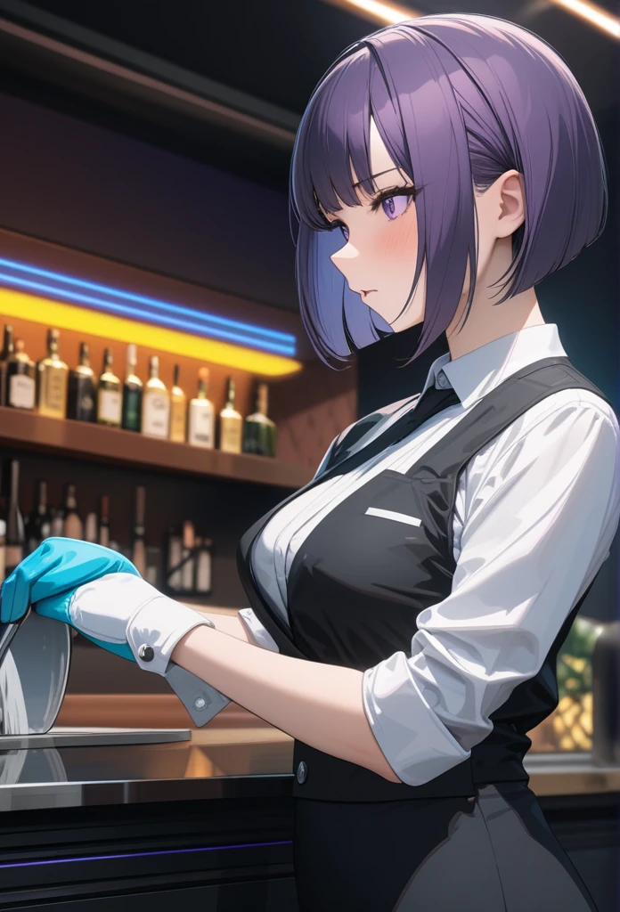 Adult Female, Black purple hair, slanted bob haircut, phlegmatic, stoic expression, perfect purple eyes, cyberpunk bar, bartender, bartender uniform, highly detailed, high quality, perfect quality, 8k, cleaning whiskey glass with towel, solid black pupils, shading