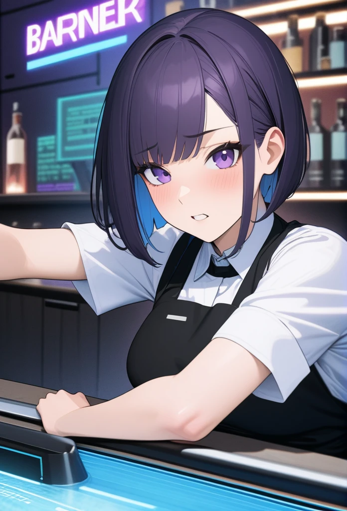 Adult Female, Black purple hair, slanted bob haircut, apathetic, perfect purple eyes, expressive eyes, cyberpunk bar, bartender, bartender uniform, highly detailed, high quality, perfect quality, 8k, cleaning, solid black pupils