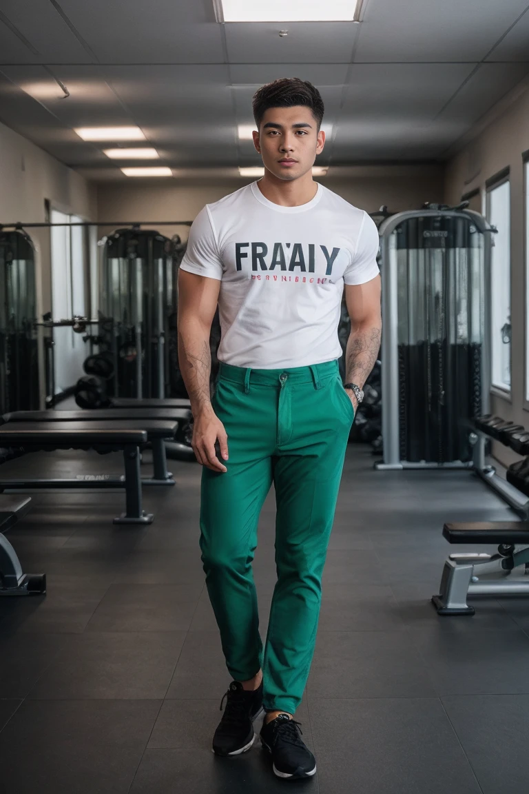8k uhd, dslr, high quality , RAW photo, Realistic Photography , Full Body, Fujifilm XT3, Canon R5, Handsome Men ,gym, shirt and loose green pants