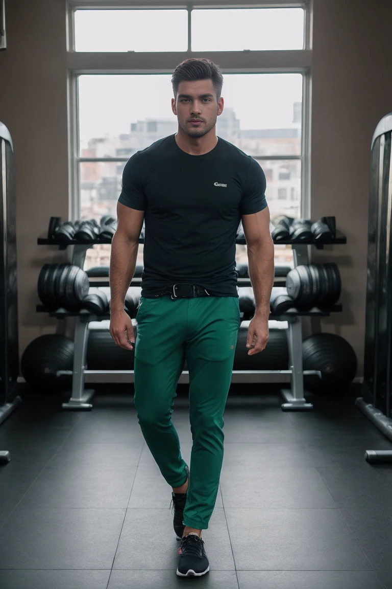 8k uhd, dslr, high quality , RAW photo, Realistic Photography , Full Body, Fujifilm XT3, Canon R5, Handsome Men ,gym, shirt and loose green pants