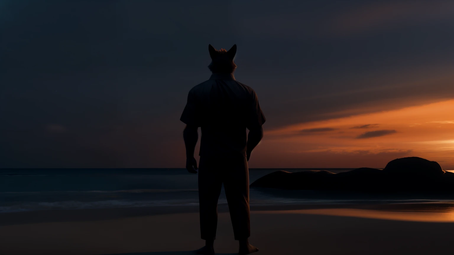 An adult man in his 30s wearing a fox fur suit alone outdoors on the background of a beach, turning your back to the camera, (full body), ((robust)), big arms, Tall Man, arms with black fur, ((black beach shirt, a black short)). On a very clear illuminated evening, with very few orange clouds, some islands in the distance