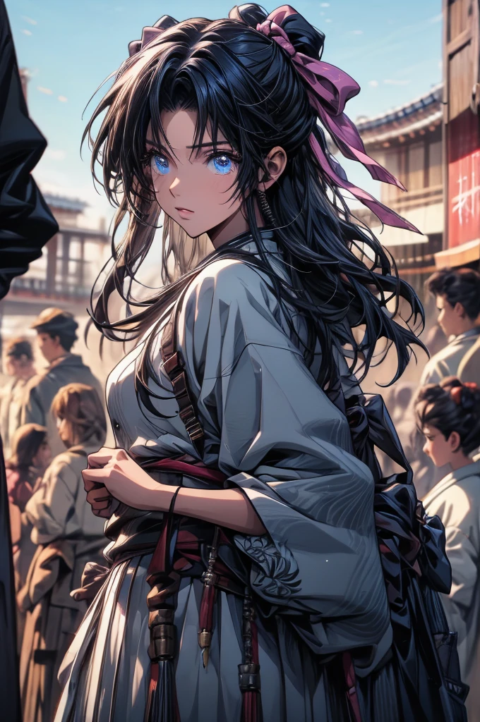 kaorukamiya, kaoru kamiya, blue eyes, black hair, pink bow, bow, hair bow, BREAK skirt, japanese clothes, hakama, hakama skirt, BREAK looking at viewer, BREAK outdoors, BREAK (masterpiece:1.2), best quality, high resolution, unity 8k wallpaper, (illustration:0.8), (beautiful detailed eyes:1.6), extremely detailed face, perfect lighting, extremely detailed CG, (perfect hands, perfect anatomy),